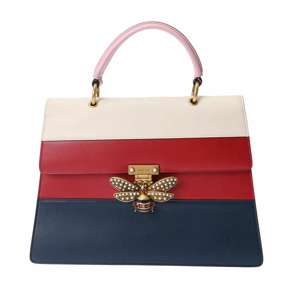 GUCCI Queen Margaret Top Handle Bag White Red Navy Blue Calfskin Jeweled Faux